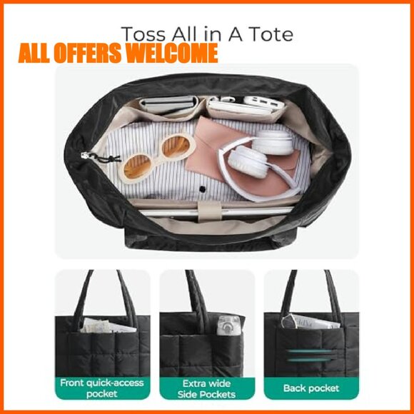 Expandable Quilted Tote Bag, Puffer Work Handbag, Travel Gym Carry On - Picture 4 of 8